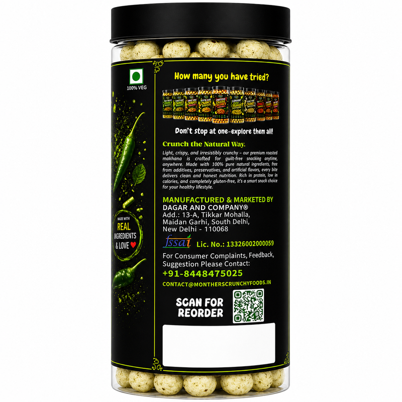Green Chilli Crunch Makhana ready to eat jar pack - teekha fox nut snack