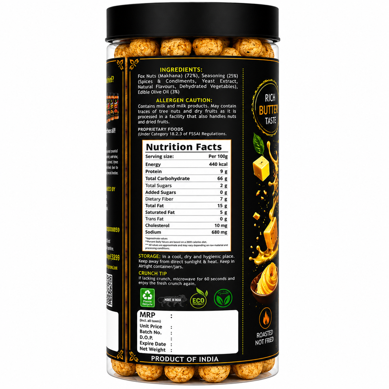 Butter Bliss Crunch Makhana ready to eat jar pack - crunchy fox nut snack for kids