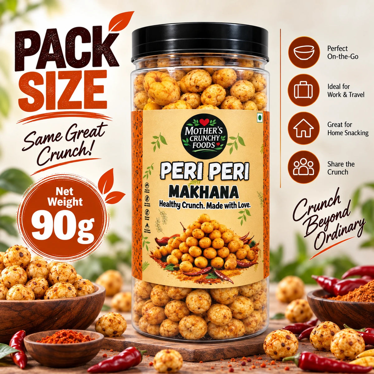 Mother's Crunchy Foods peri peri roasted makhana net weight 90g pack