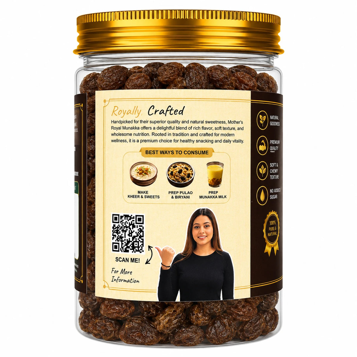 Mother's Crunchy Foods royal munakka dried black raisins back label qr recipe tips