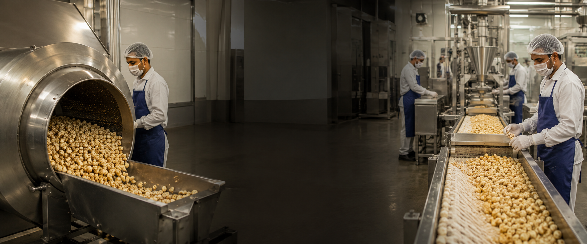 Roasted makhana manufacturing line — air-roasting drum and packing conveyor at Mother's Crunchy Foods