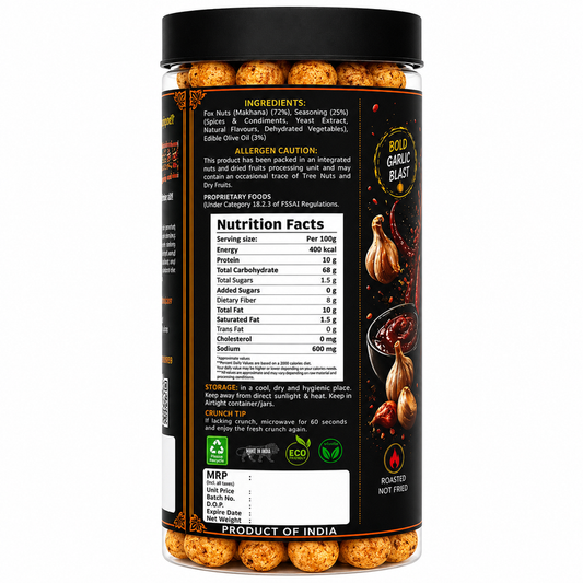 Spicy garlic roasted makhana - bold aromatic air roasted lotus seeds snack