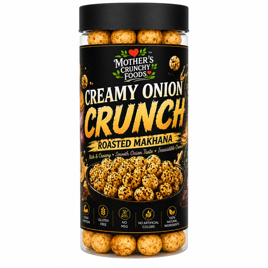Creamy Onion Crunch Roasted Makhana jar - cream and onion flavour fox nuts phool makhana by Mother's Crunchy Foods
