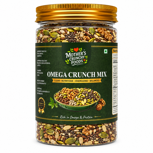 Omega Crunch Mix jar - walnut seed and nut mix by Mother's Crunchy Foods