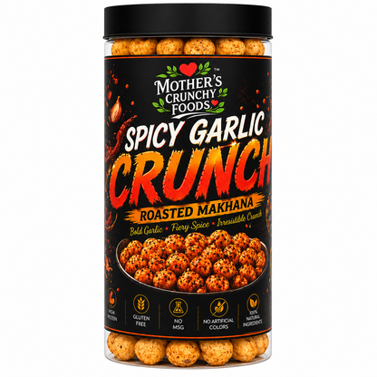 Spicy Garlic Crunch Roasted Makhana jar - lehsun flavour fox nuts phool makhana by Mother's Crunchy Foods