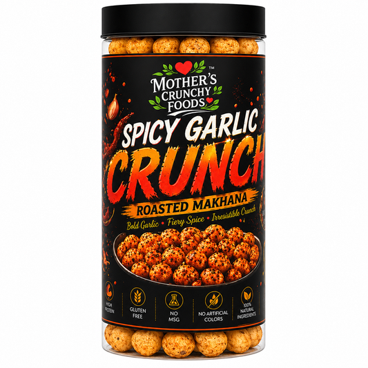 Spicy Garlic Crunch Roasted Makhana jar - lehsun flavour fox nuts phool makhana by Mother's Crunchy Foods