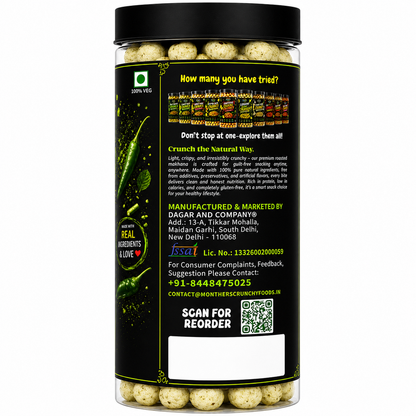 Green Chilli Crunch Makhana ready to eat jar pack - teekha fox nut snack