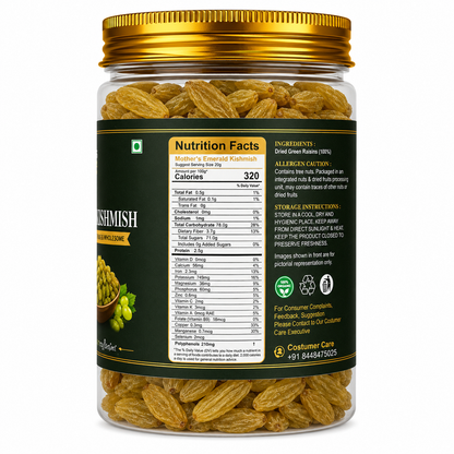 Green kishmish seedless raisins - long juicy Indian kismis in resealable jar