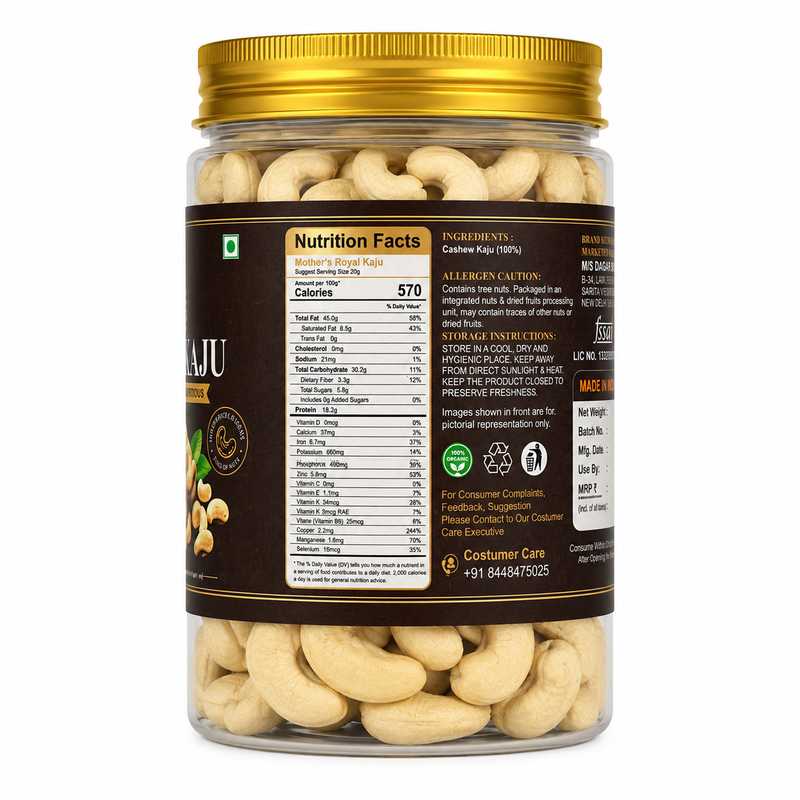 Whole kaju W240 cashew kernels - creamy white unbroken cashews in resealable jar