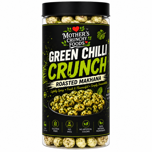 Green Chilli Crunch Roasted Makhana jar - hari mirch flavour fox nuts phool makhana by Mother's Crunchy Foods