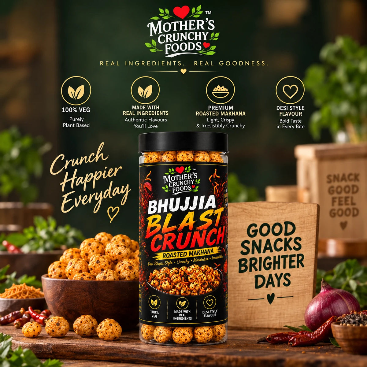 Mother's Crunchy Foods bhujjia blast roasted makhana lifestyle scene crunch happier