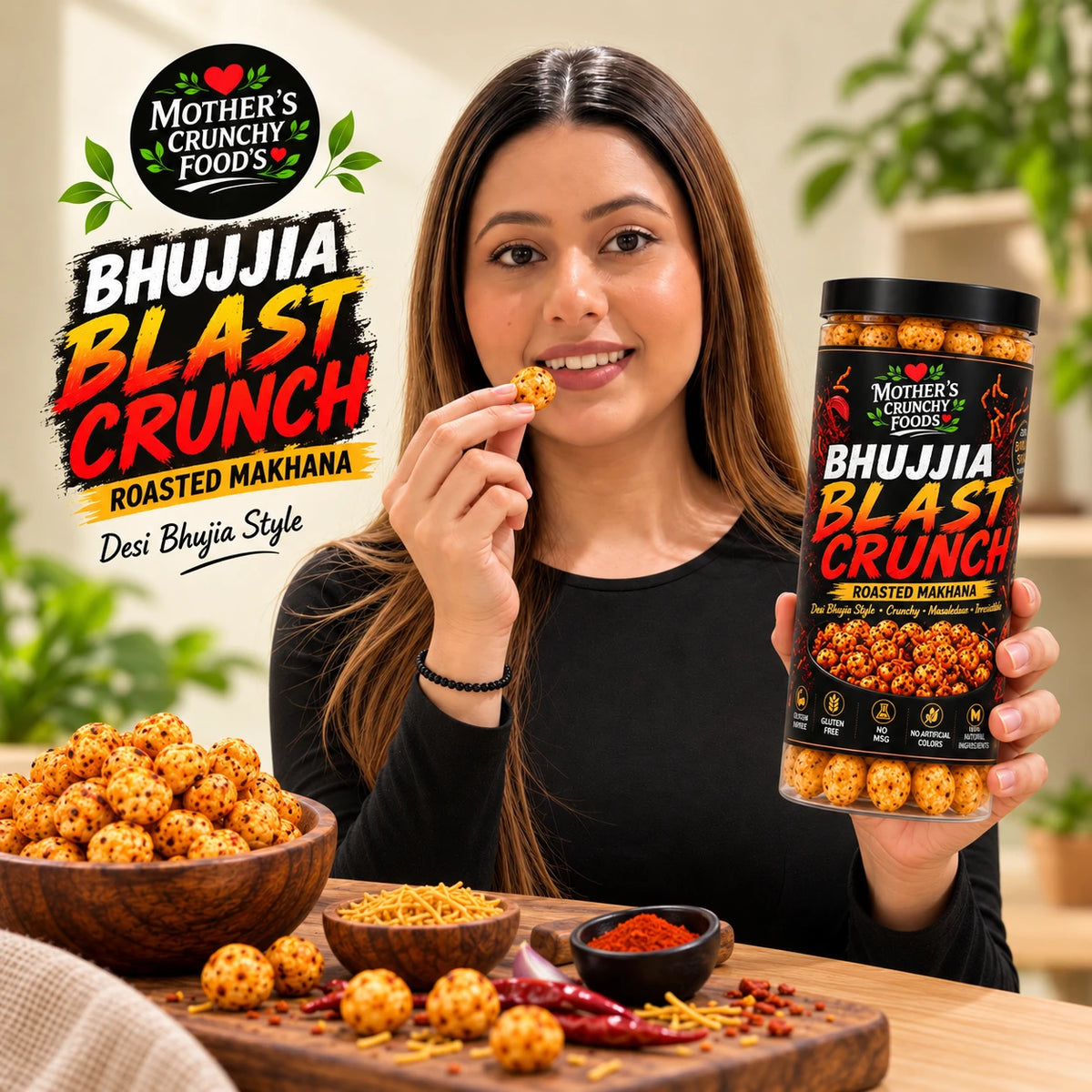 Mother's Crunchy Foods bhujjia blast roasted makhana model eating lifestyle shot