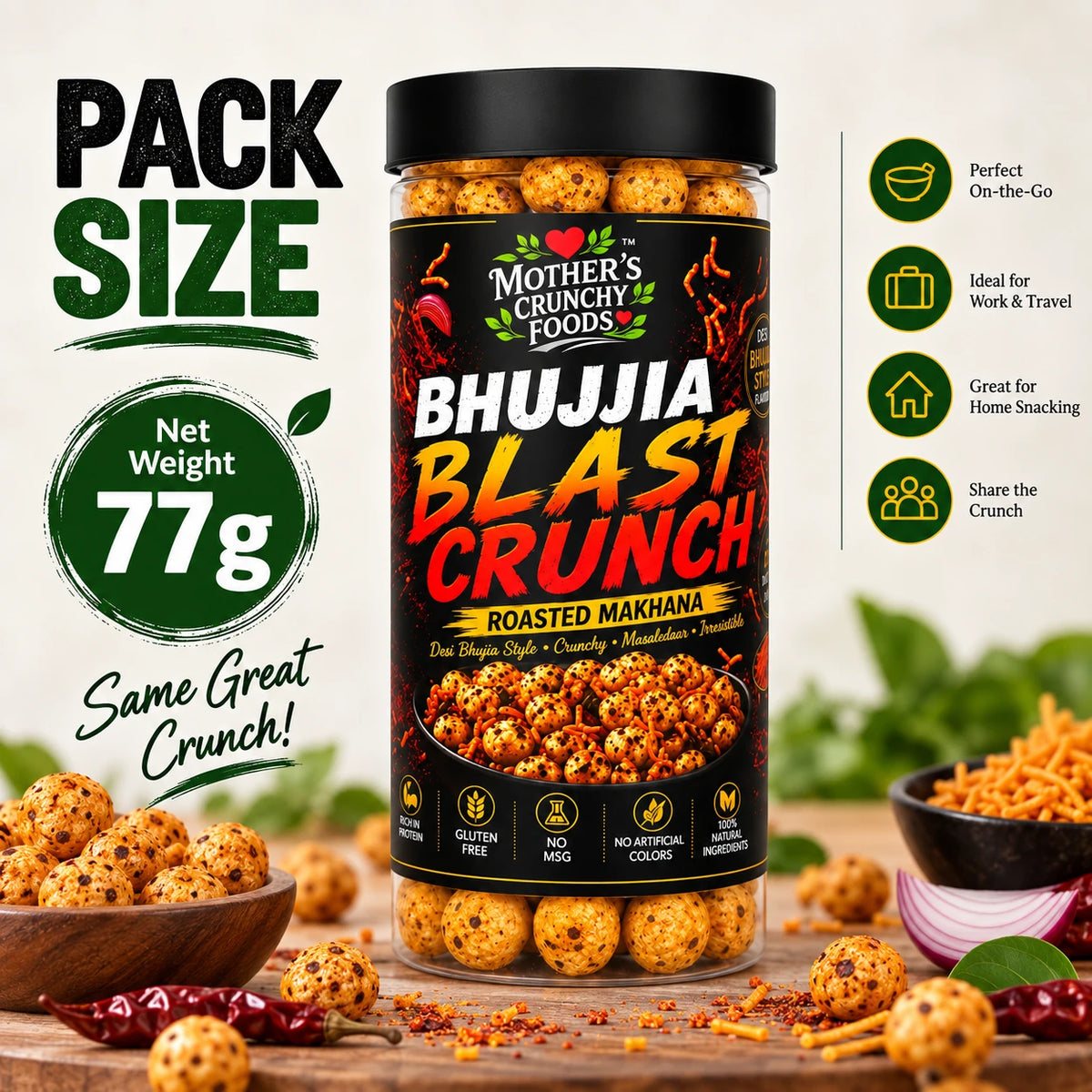 Mother's Crunchy Foods bhujjia blast roasted makhana net weight 77g pack