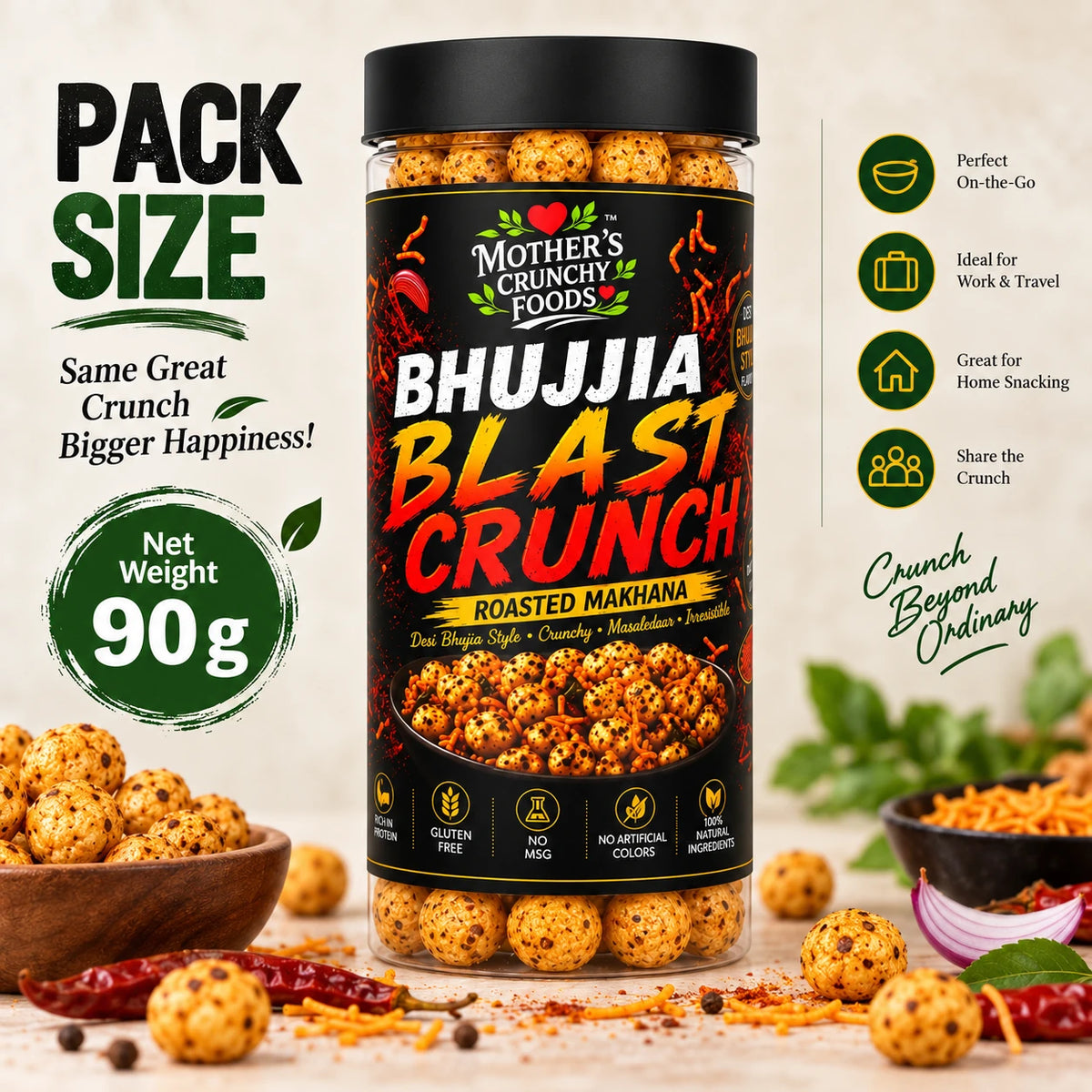Mother's Crunchy Foods bhujjia blast roasted makhana net weight 90g pack