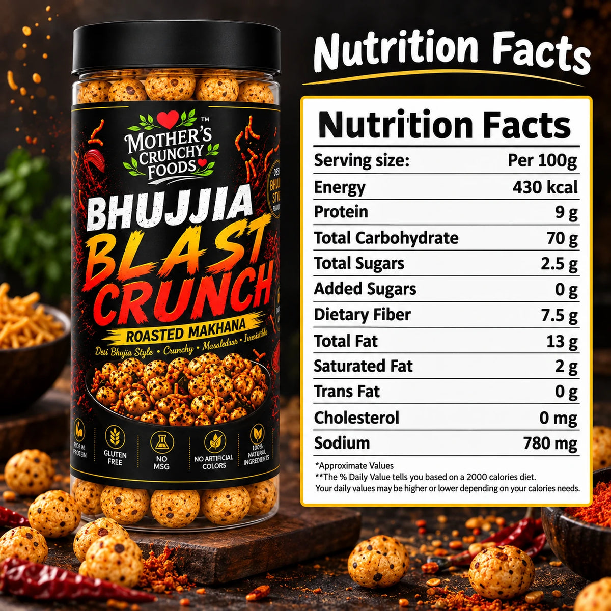 Mother's Crunchy Foods bhujjia blast roasted makhana nutrition facts card