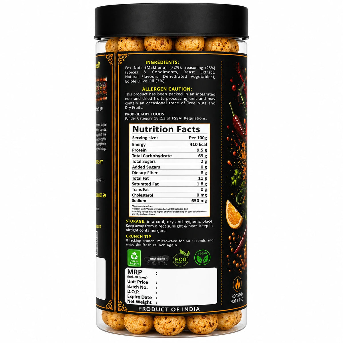 Mother's Crunchy Foods chatka mix roasted makhana nutrition facts ingredients label