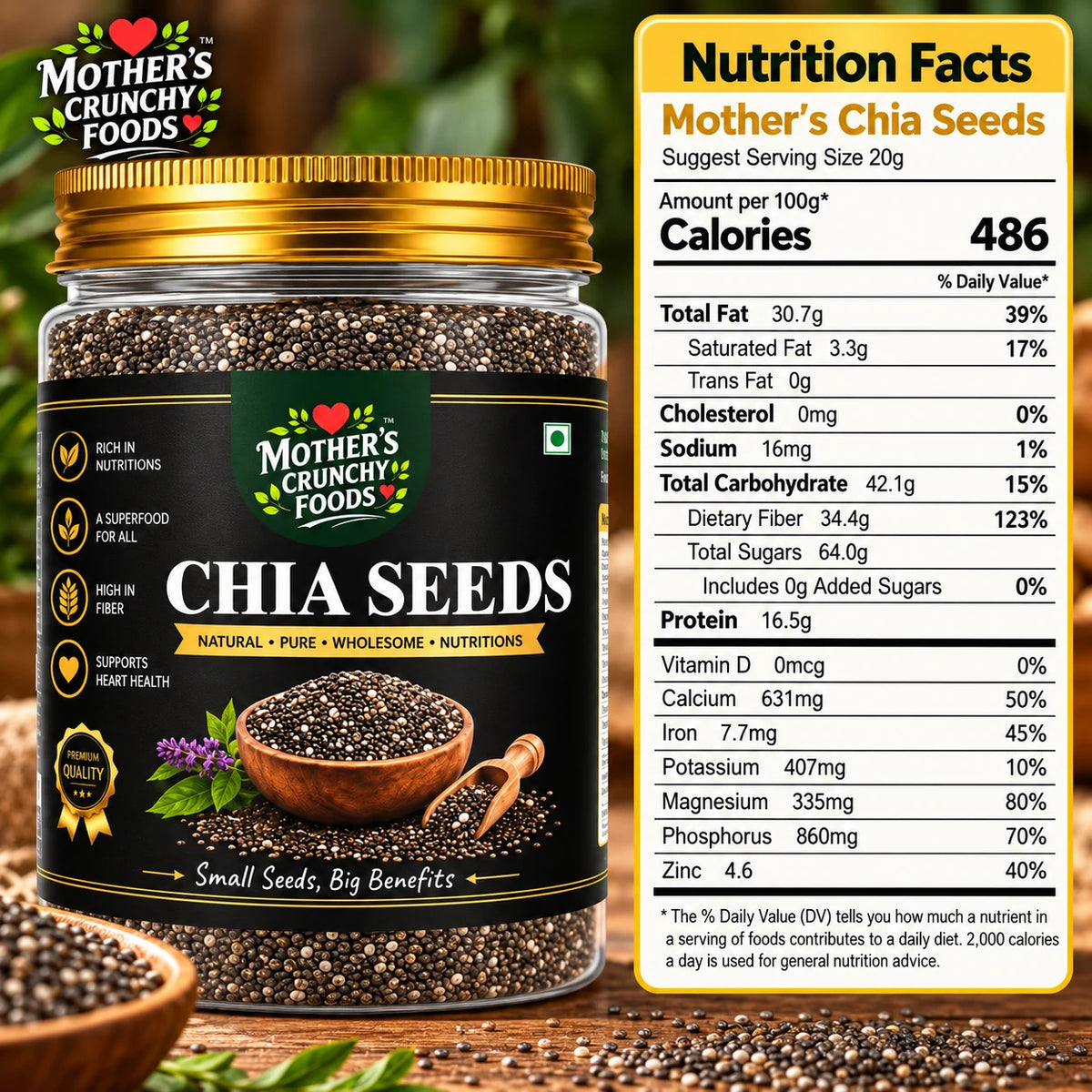 Mother's Crunchy Foods chia seeds nutrition facts split panel