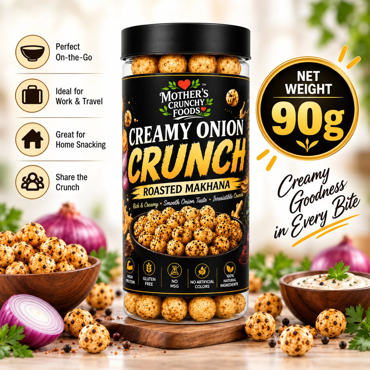 Mother's Crunchy Foods creamy onion roasted makhana lifestyle scene 1