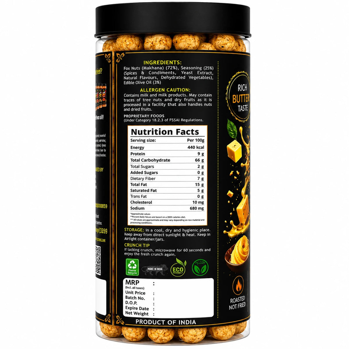 Mother's Crunchy Foods creamy onion roasted makhana nutrition facts ingredients label