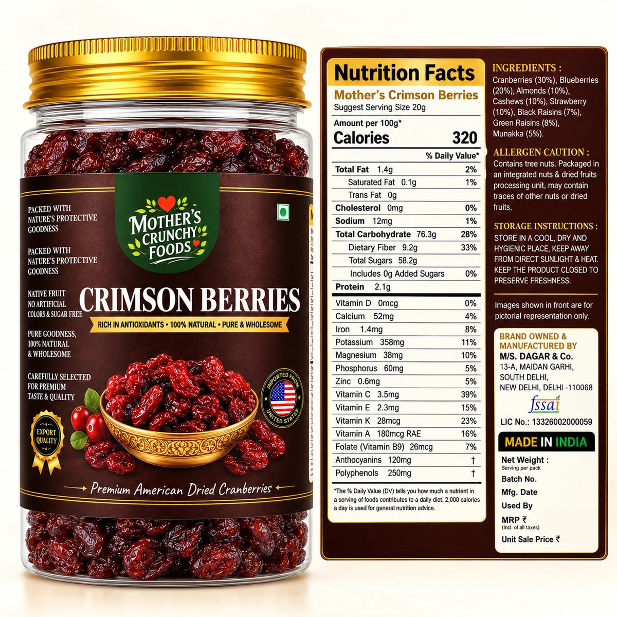 Mother's Crunchy Foods crimson berries nutrition facts split panel
