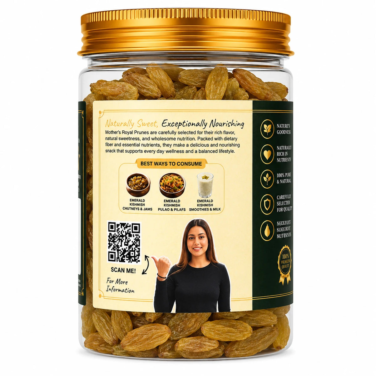 Mother's Crunchy Foods emerald kishmish green raisins back label qr recipe tips
