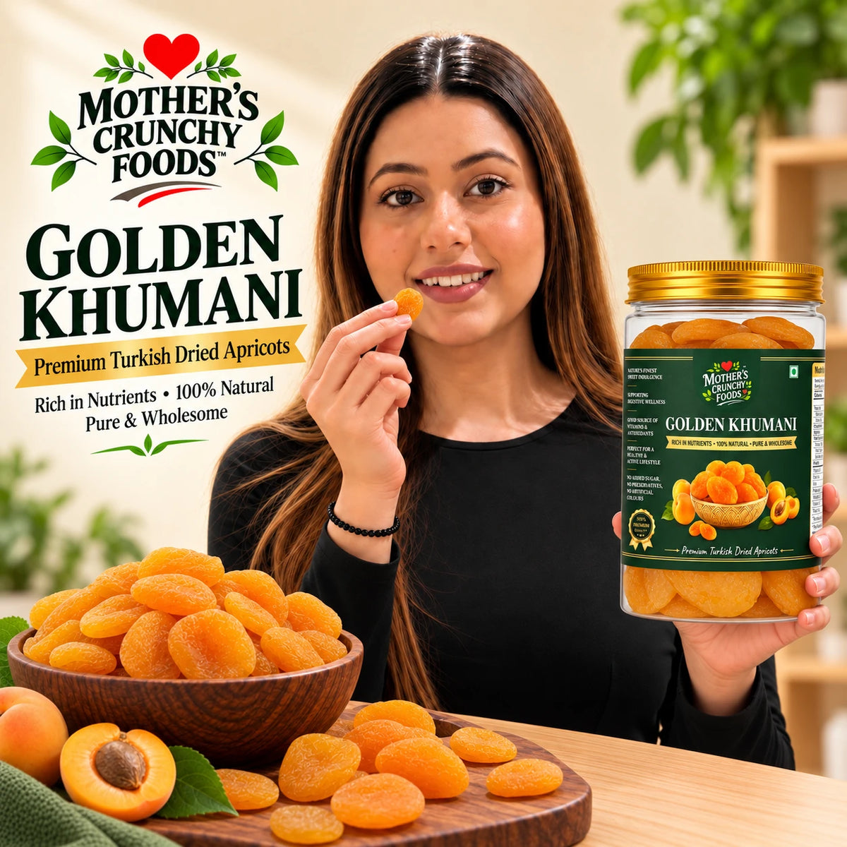 Mother's Crunchy Foods golden khumani dried apricots net weight 200g lifestyle