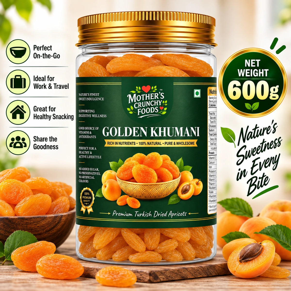 Mother's Crunchy Foods golden khumani dried apricots net weight 300g lifestyle