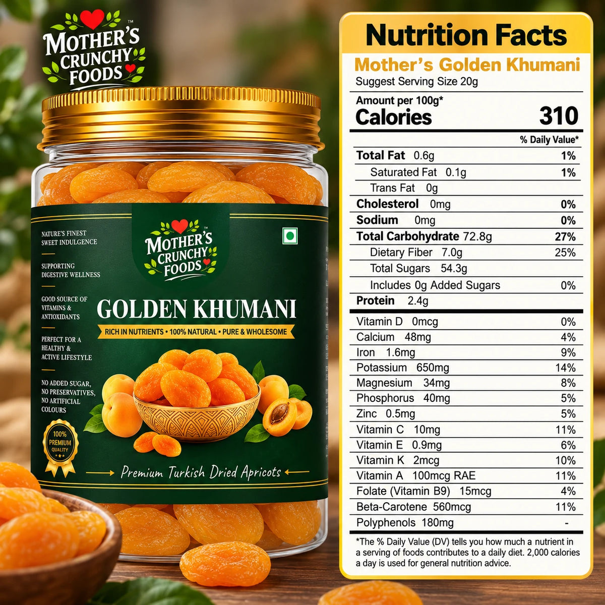 Mother's Crunchy Foods golden khumani dried apricots net weight 600g lifestyle