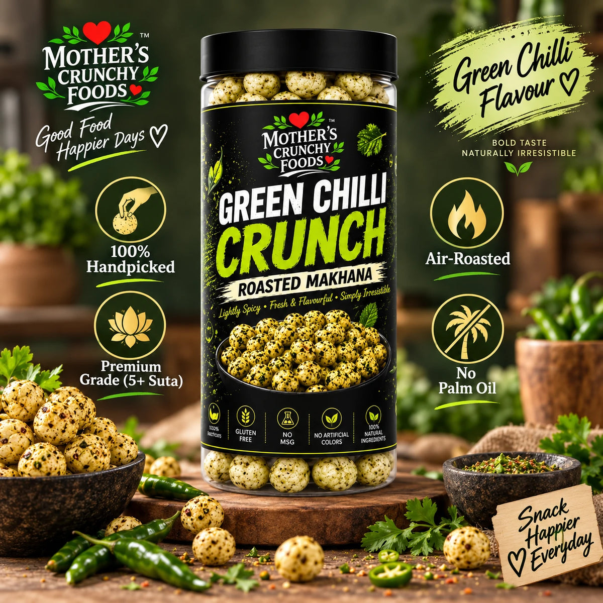 Mother's Crunchy Foods green chilli roasted makhana lifestyle scene 1