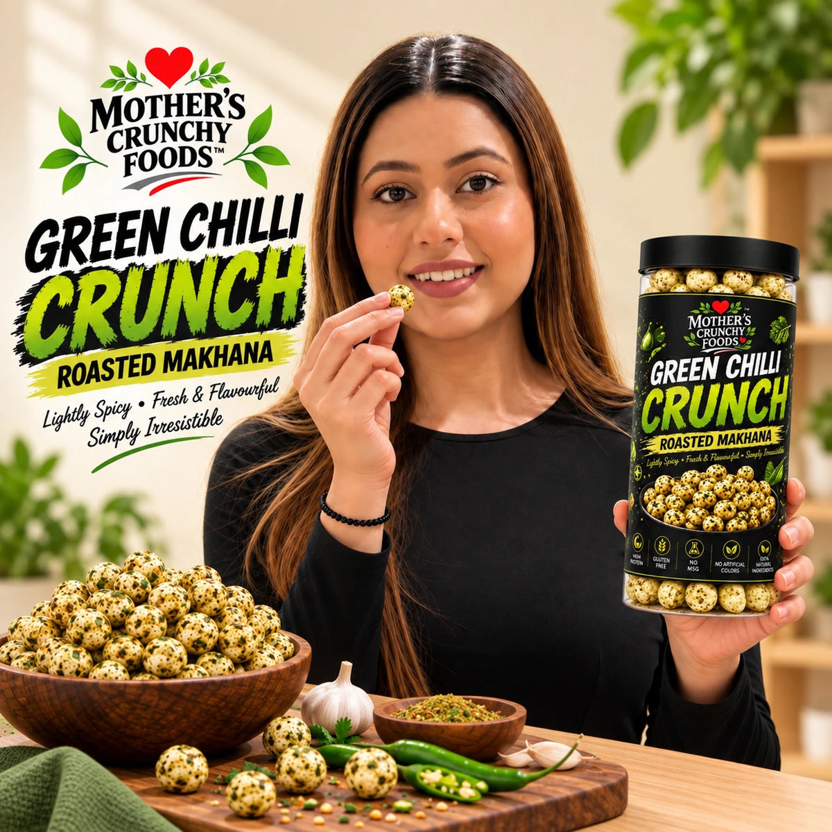 Mother's Crunchy Foods green chilli roasted makhana lifestyle scene 4