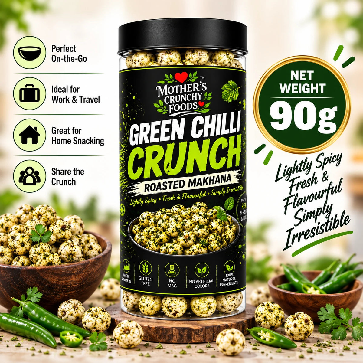 Mother's Crunchy Foods green chilli roasted makhana lifestyle scene 5