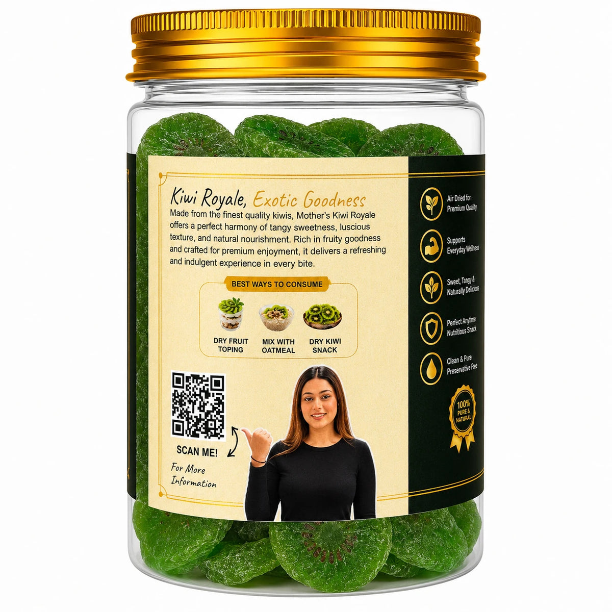 Mother's Crunchy Foods kiwi royale dried kiwi slices back label qr recipe tips