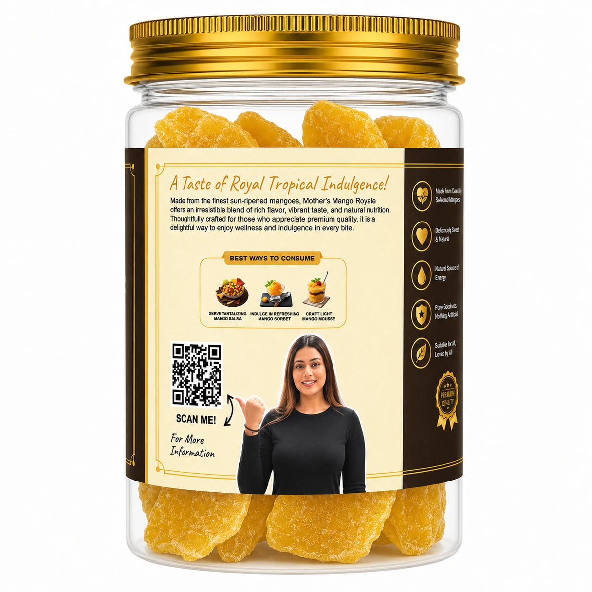 Mother's Crunchy Foods mango royale dried mango slices back label qr recipe tips