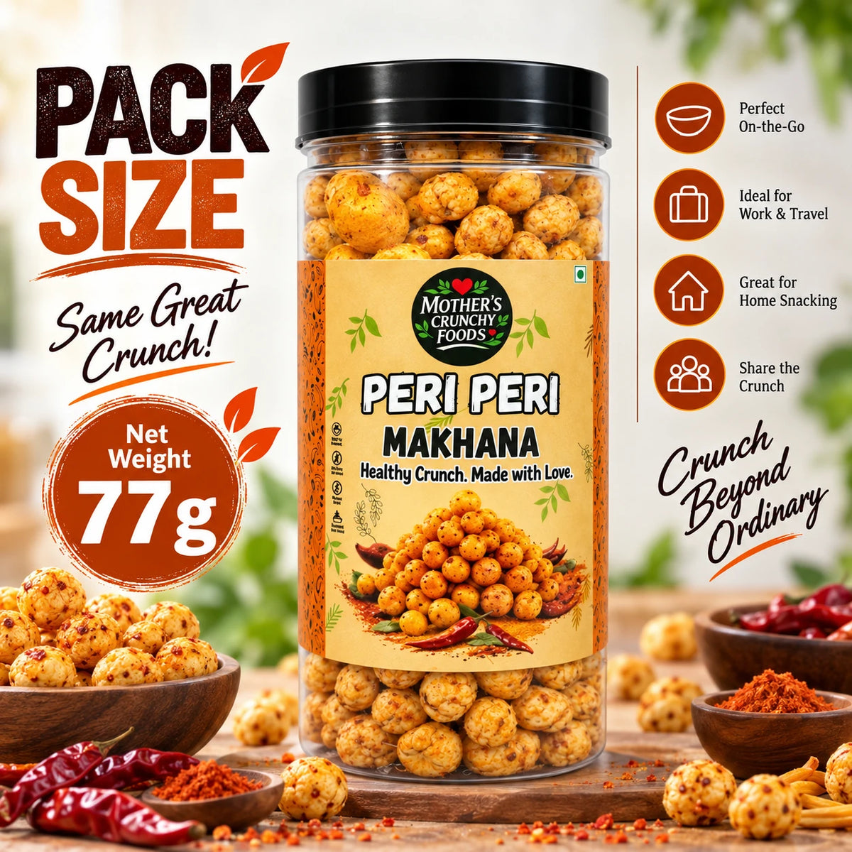 Mother's Crunchy Foods peri peri roasted makhana net weight 77g pack