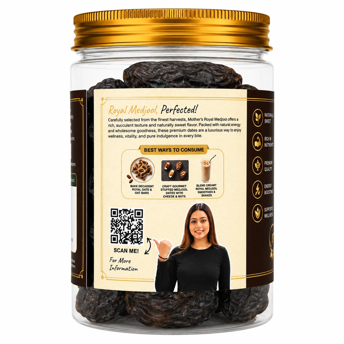 Mother's Crunchy Foods royal medjool saudi dates back label qr recipe tips