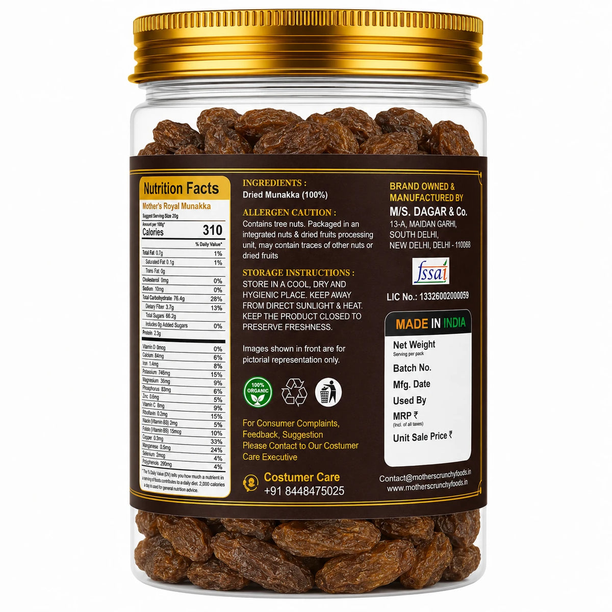 Mother's Crunchy Foods royal munakka dried black raisins nutrition facts ingredients label