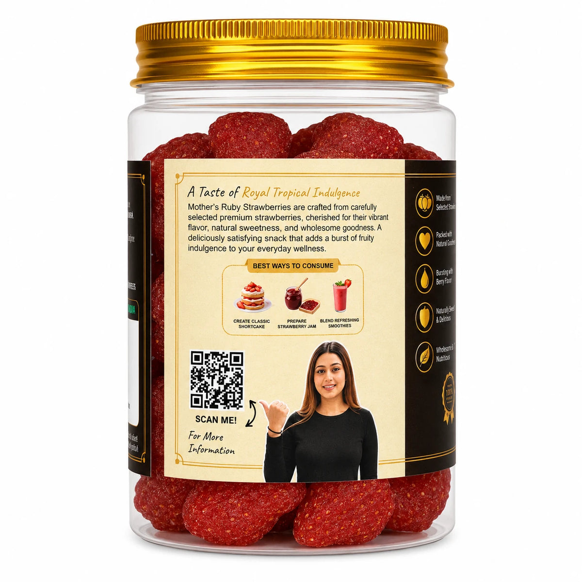 Mother's Crunchy Foods ruby strawberry dried strawberry back label qr recipe tips