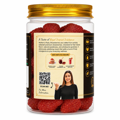 Mother's Crunchy Foods ruby strawberry dried strawberry back label qr recipe tips