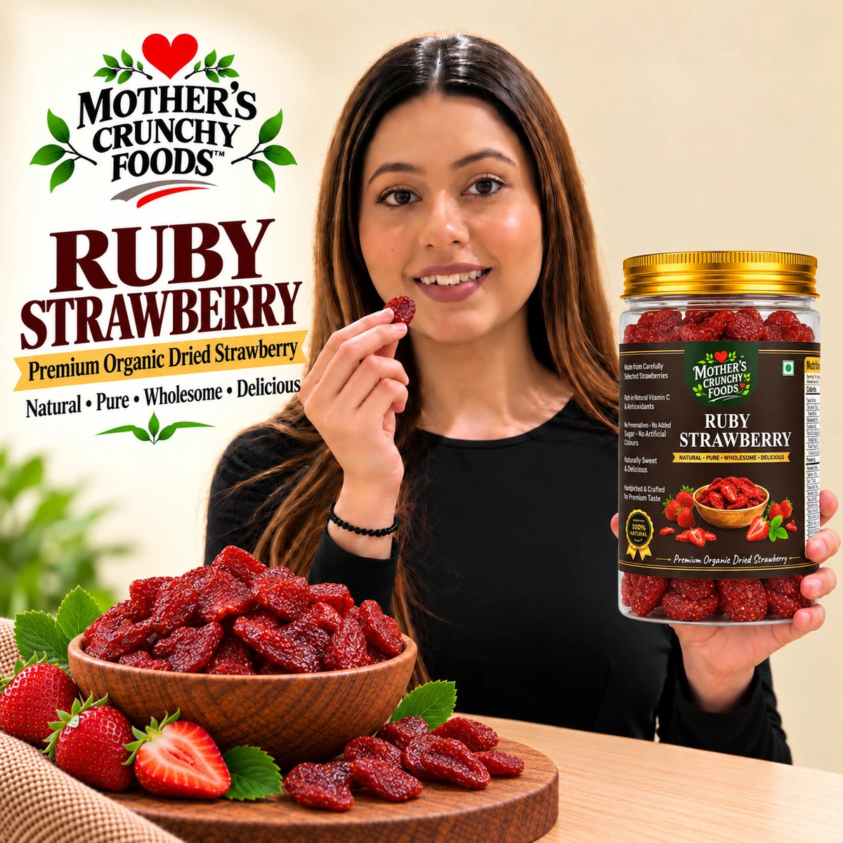 Mother's Crunchy Foods ruby strawberry dried strawberry lifestyle scene 7
