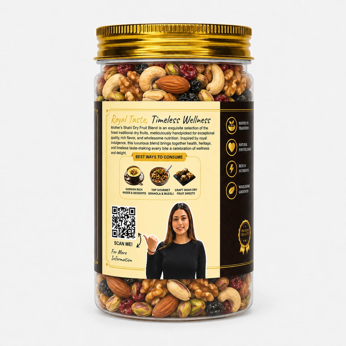 Mother's Crunchy Foods shahi dry fruit trail mix back label usage tips qr