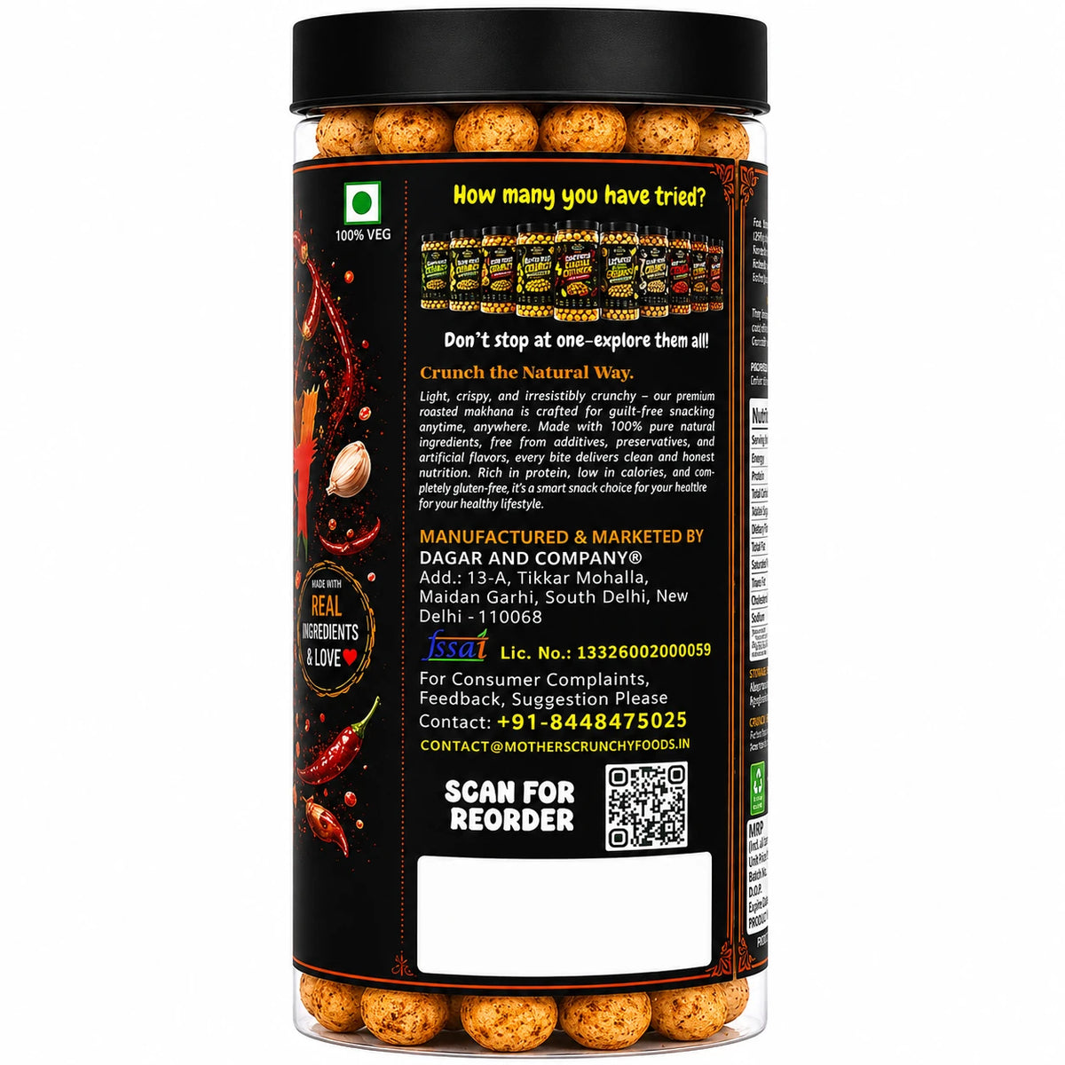 Mother's Crunchy Foods spicy garlic roasted makhana back label brand story