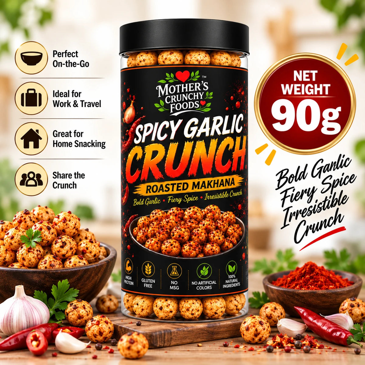 Mother's Crunchy Foods spicy garlic roasted makhana lifestyle scene 2