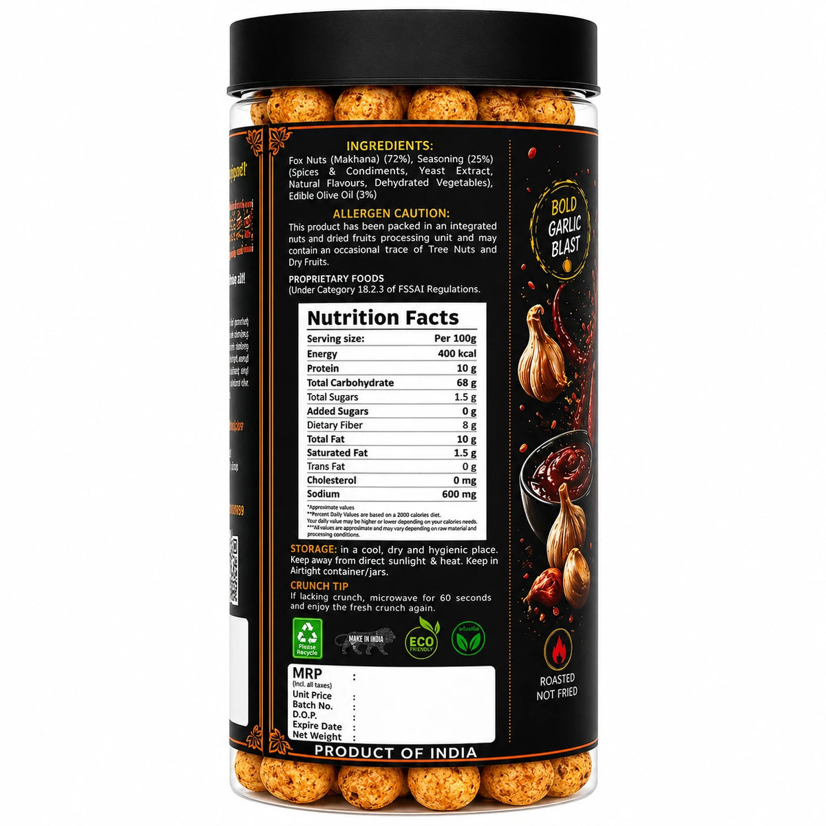 Mother's Crunchy Foods spicy garlic roasted makhana nutrition facts ingredients label