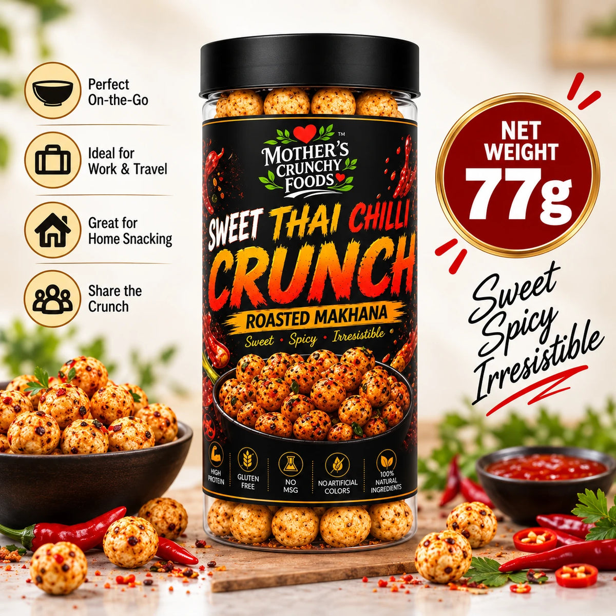 Mother's Crunchy Foods sweet thai chilli roasted makhana lifestyle scene 1