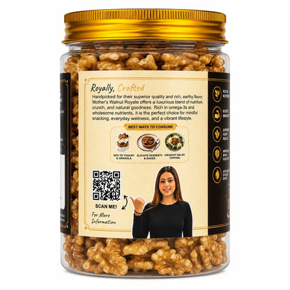 Mother's Crunchy Foods walnut royale chile walnut kernels back label qr recipe tips