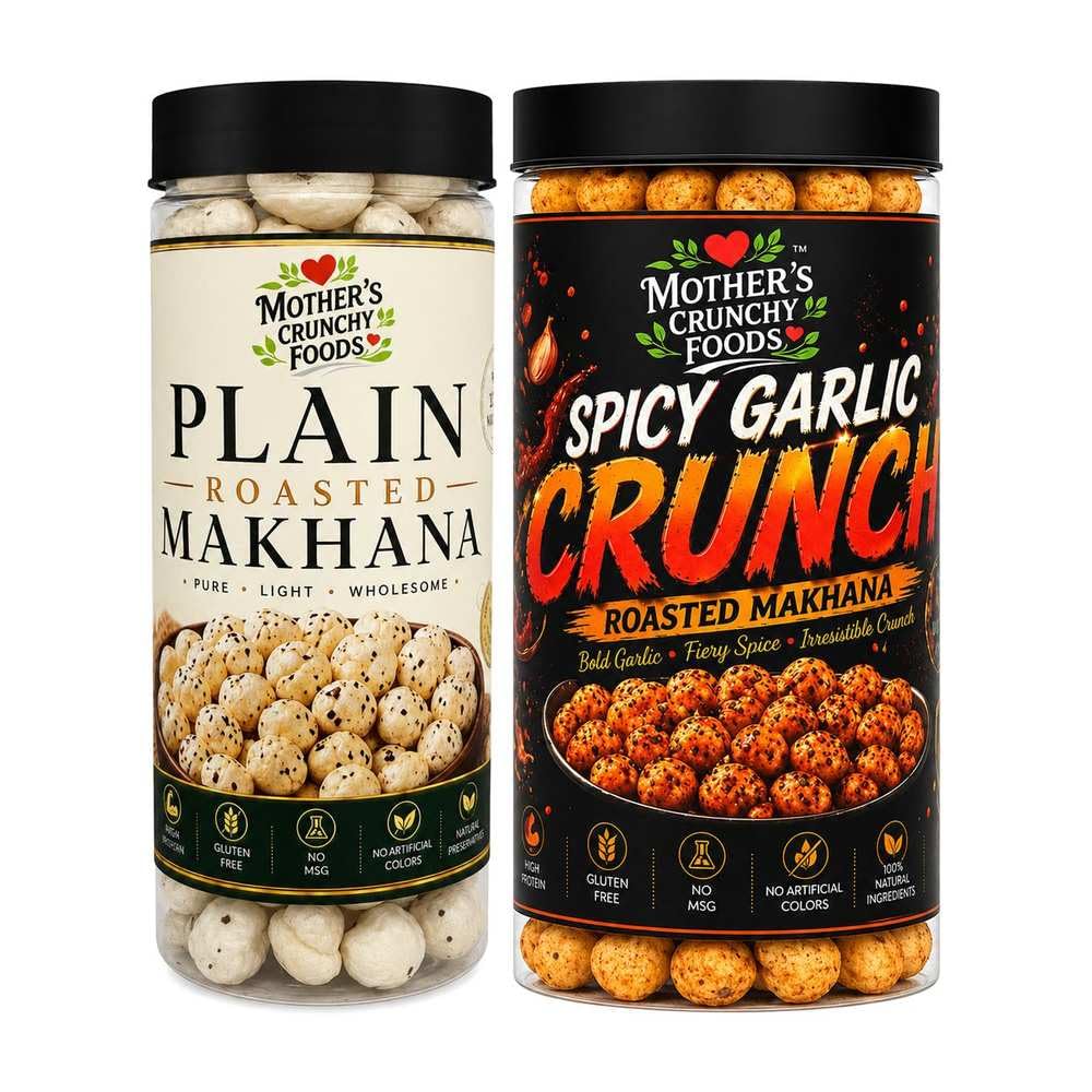 Plain Roasted Makhana + Spicy Garlic Crunch Makhana Combo Pack of 2