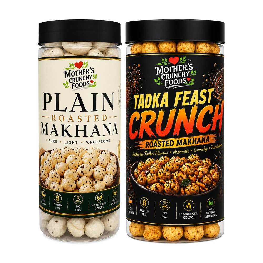 Plain Roasted Makhana + Tadka Feast Crunch Makhana Combo Pack of 2
